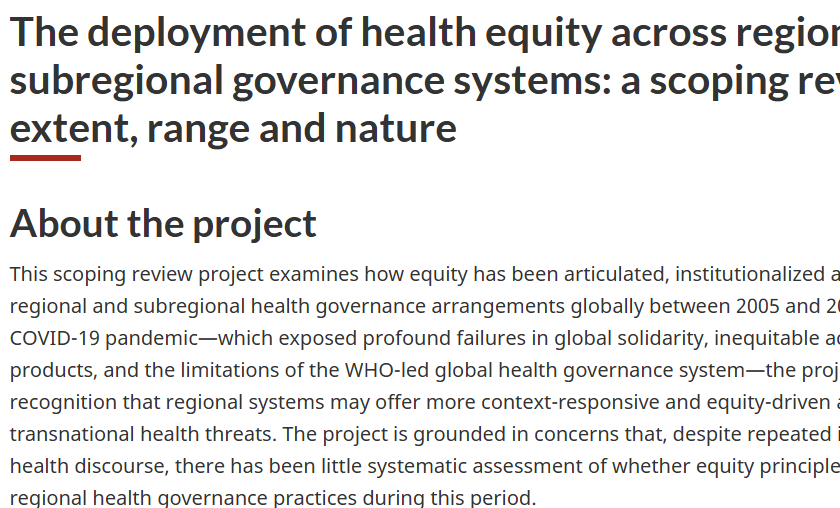 Title and opening text of the evidence brief on the SSHRC website: The deployment of health equity across regional and subregional governance systems