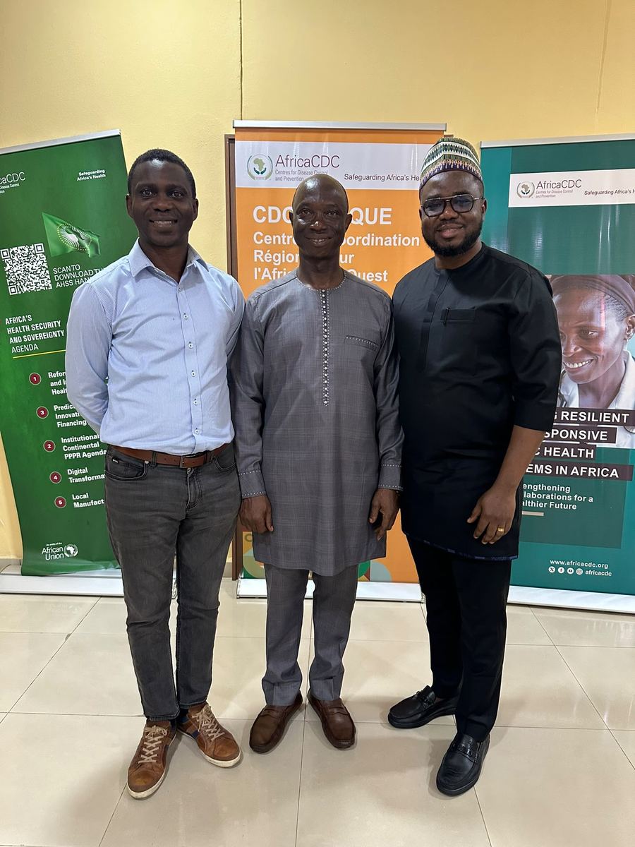 The three co-leads of the CIHR Catalyst Grant project at the WA RCC Headquarters in Abuja